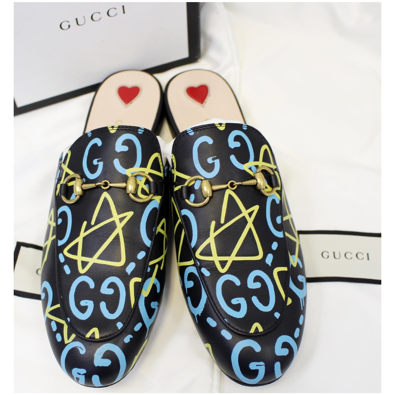 GUCCI Princetown Gucci Ghost Print Flats Black US 7