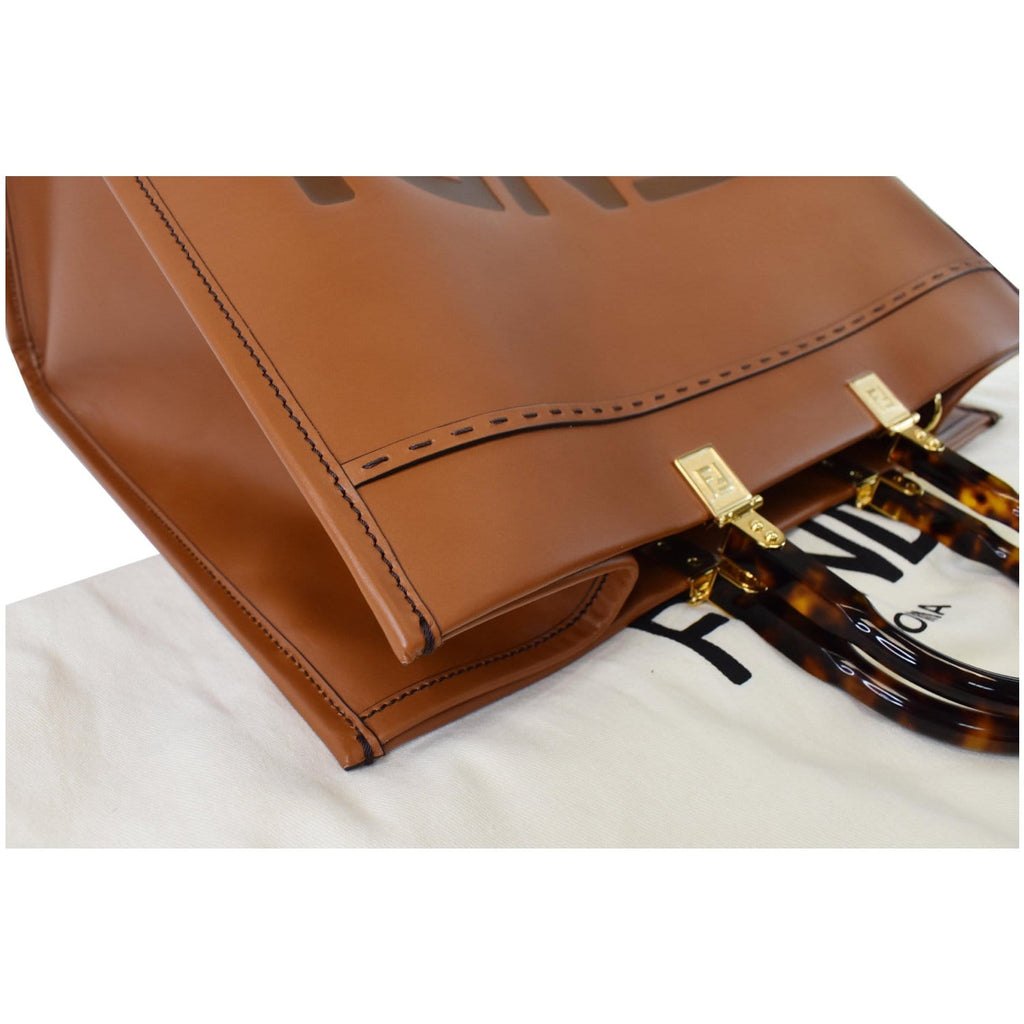 FENDI Sunshine Plexiglass Medium Leather Shopper Tote Bag Brown