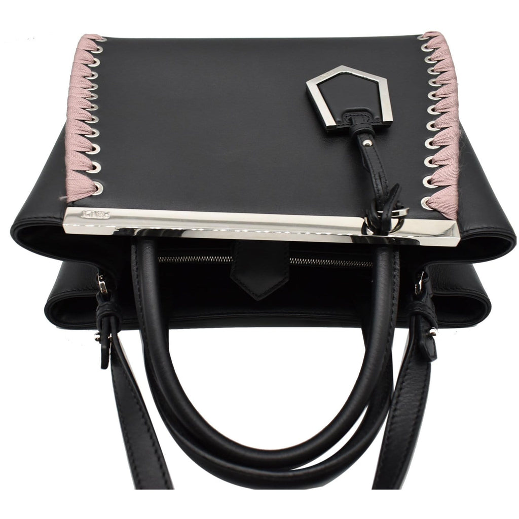 FENDI Petite 2Jours Whipstitch Leather Tote Shoulder Bag Black