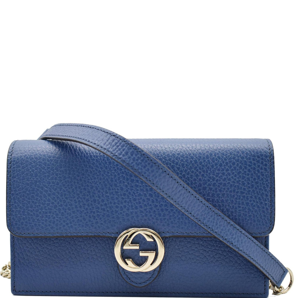 GUCCI Dollar Interlocking G Calfskin Leather Chain Wallet Crossbody Bag Blue 510314
