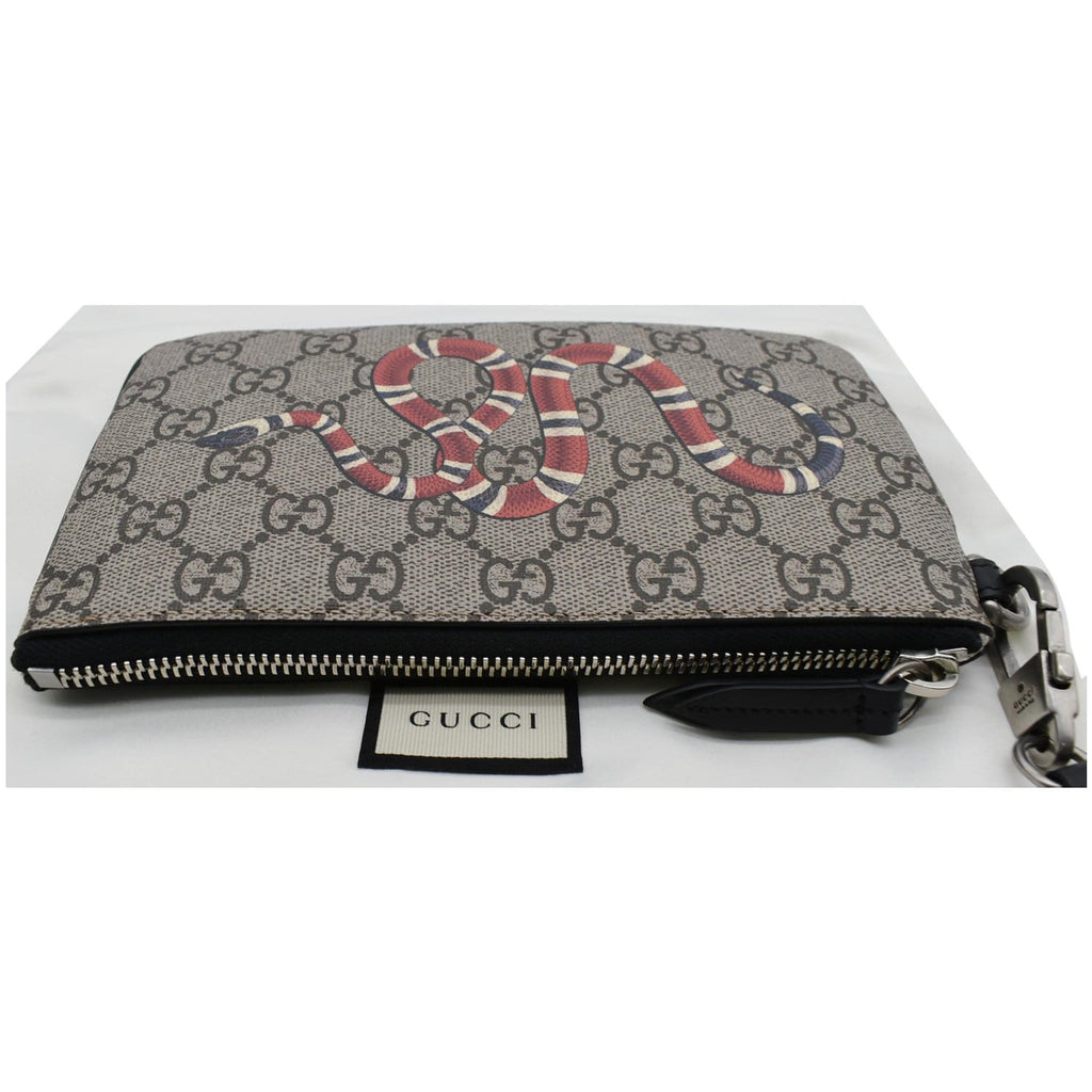 GUCCI Kingsnake Print GG Supreme Canvas Pouch Wristlet Beige 597556