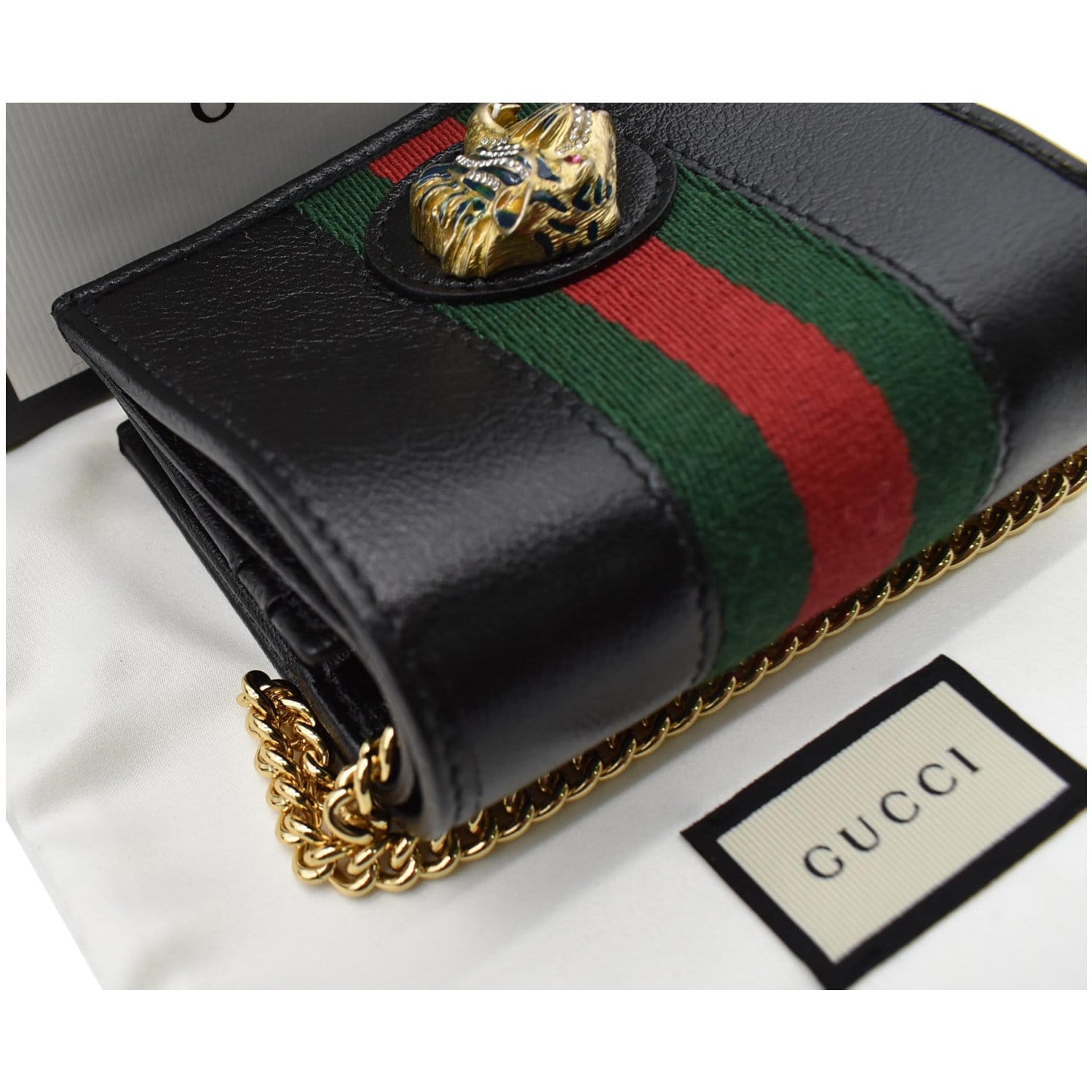 GUCCI Rajah Web Leather  Case Chain Wallet Black 573790