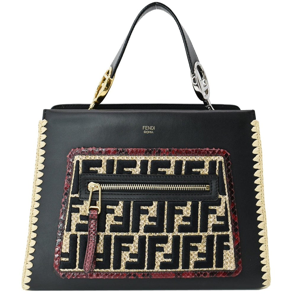 FENDI Raffia Embroidered Python Leather Shoulder Bag Black