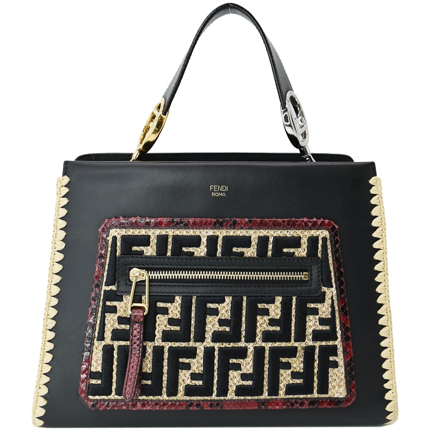FENDI Raffia Embroidered Python Leather Shoulder Bag Black