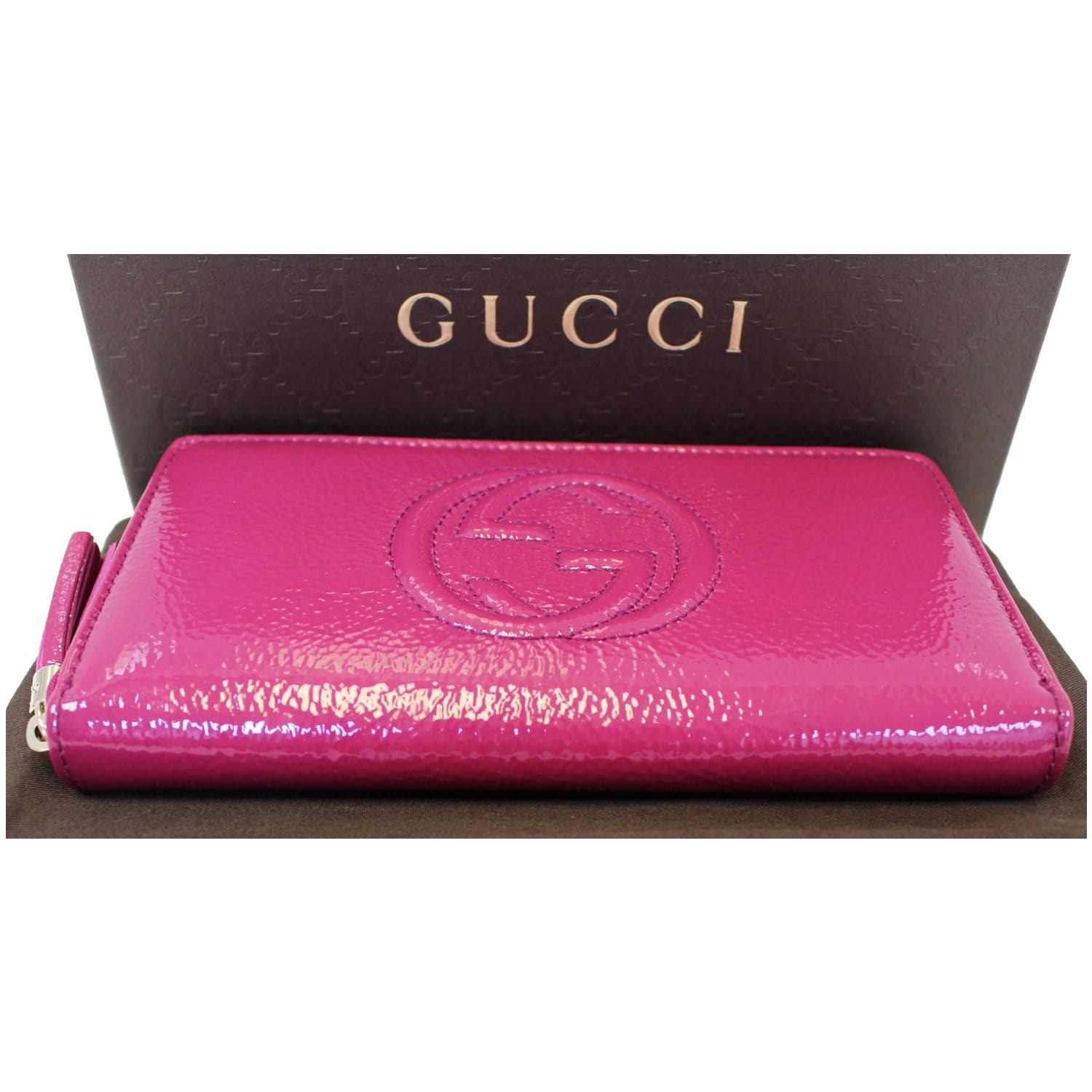 GUCCI Soho Interlocking G Leather Zip Around Wallet Fuchsia