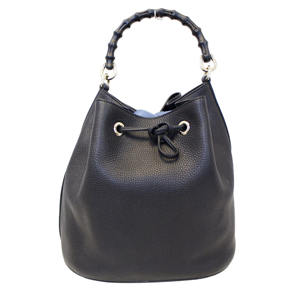 GUCCI Miss Bamboo Medium Leather Bucket Shoulder Handbag Black 387613