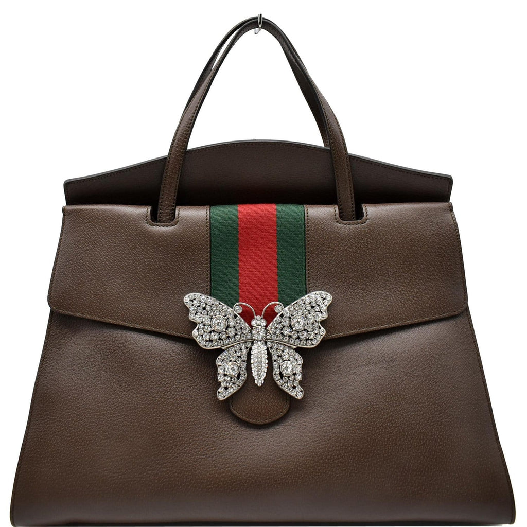 GUCCI Butterfly Linea Totem Leather Large Top Handle Shoulder Bag Brown 500772