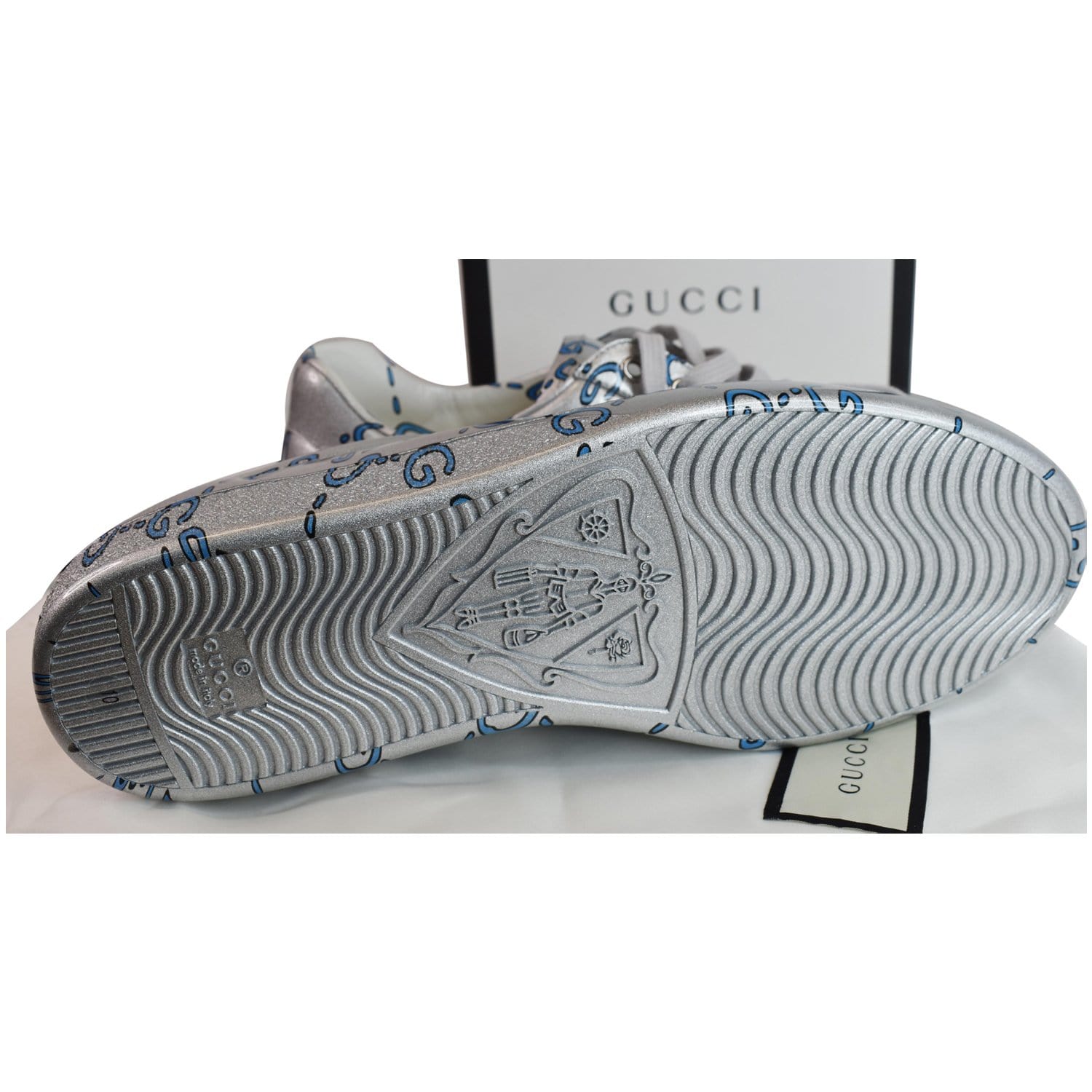 GUCCI Miro Rubber Wax Mens New Ace Ghost Sneakers Silver US 10