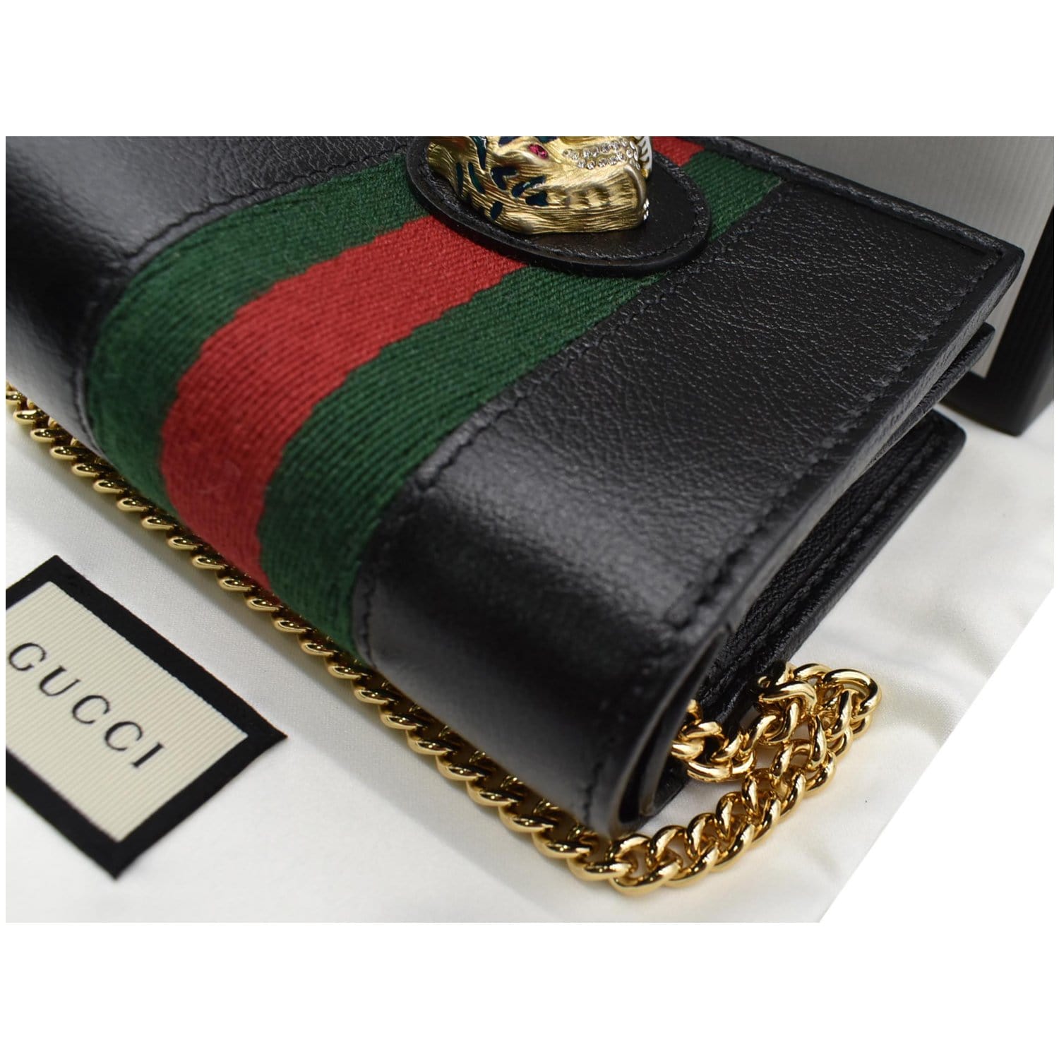 GUCCI Rajah Web Leather  Case Chain Wallet Black 573790