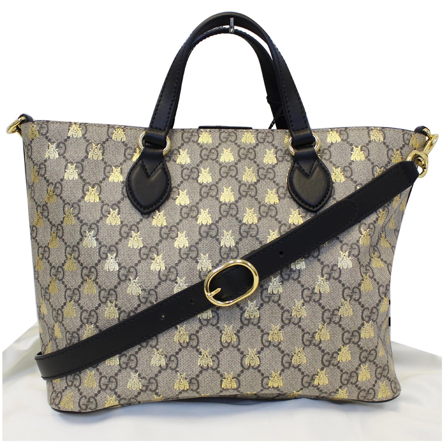 GUCCI GG Supreme Bees Monogram Tote Bag Black/Gold 473887