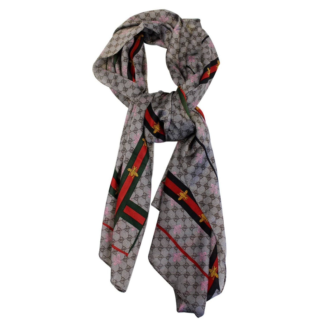 GUCCI GG Web Bee Silk Scarf Beige