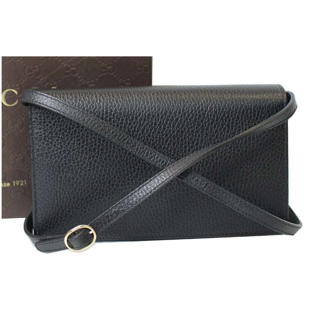 GUCCI Textured Leather Swing Crossbody Clutch Bag Black 368231