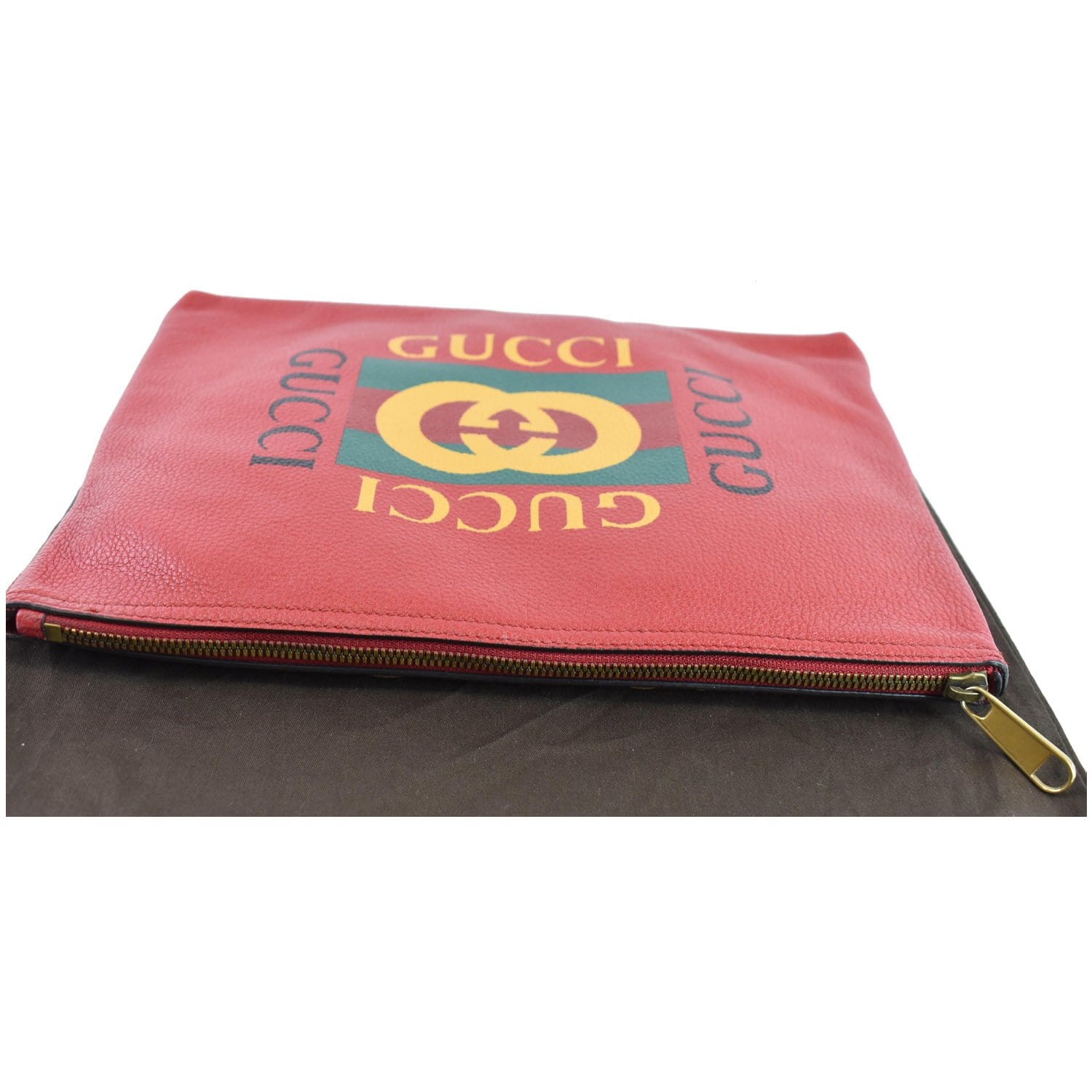 GUCCI Pebbled Leather Medium Logo Portfolio Clutch Hibiscus Red 500981