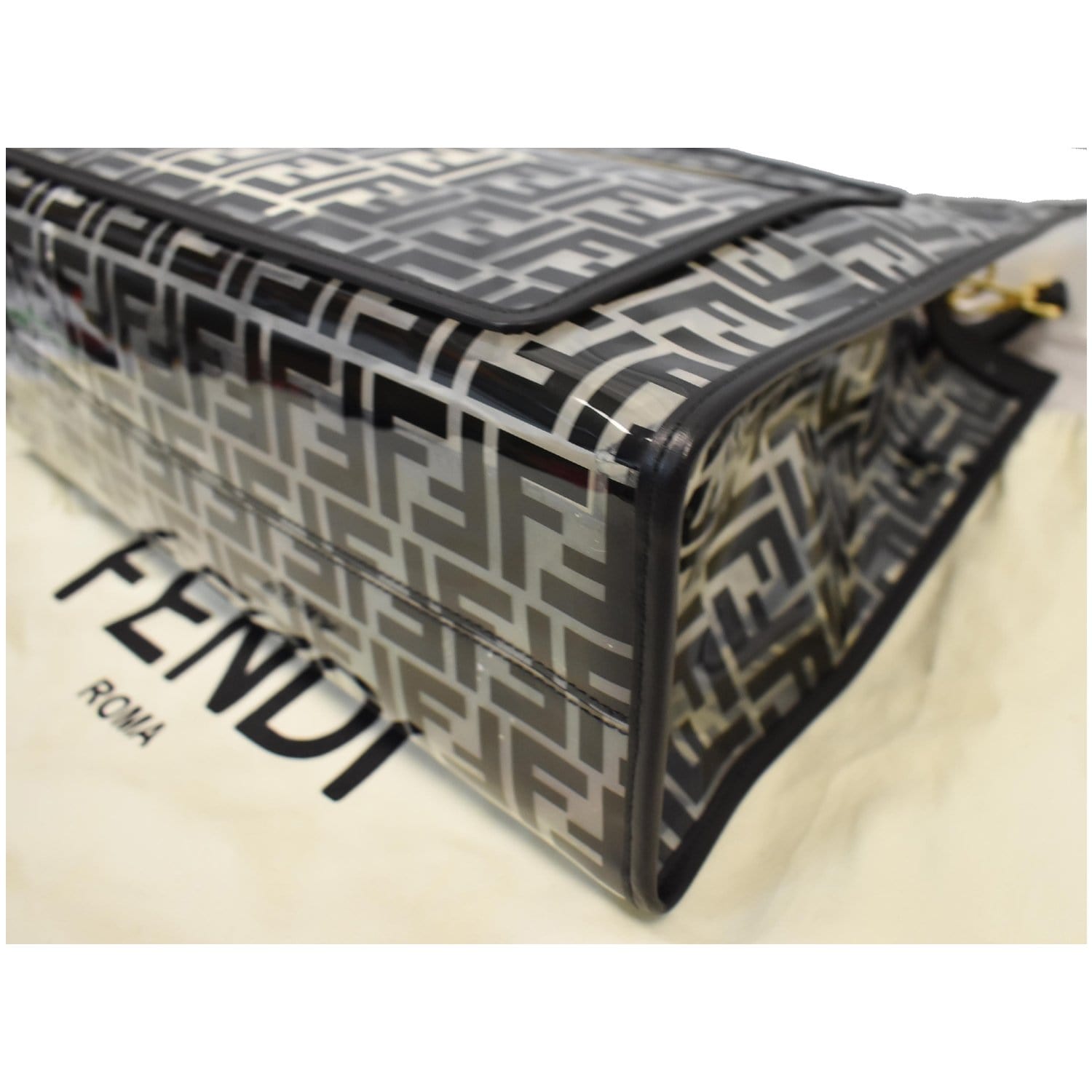 FENDI Runaway Shopper Medium TPU FF Leather Tote Bag Black