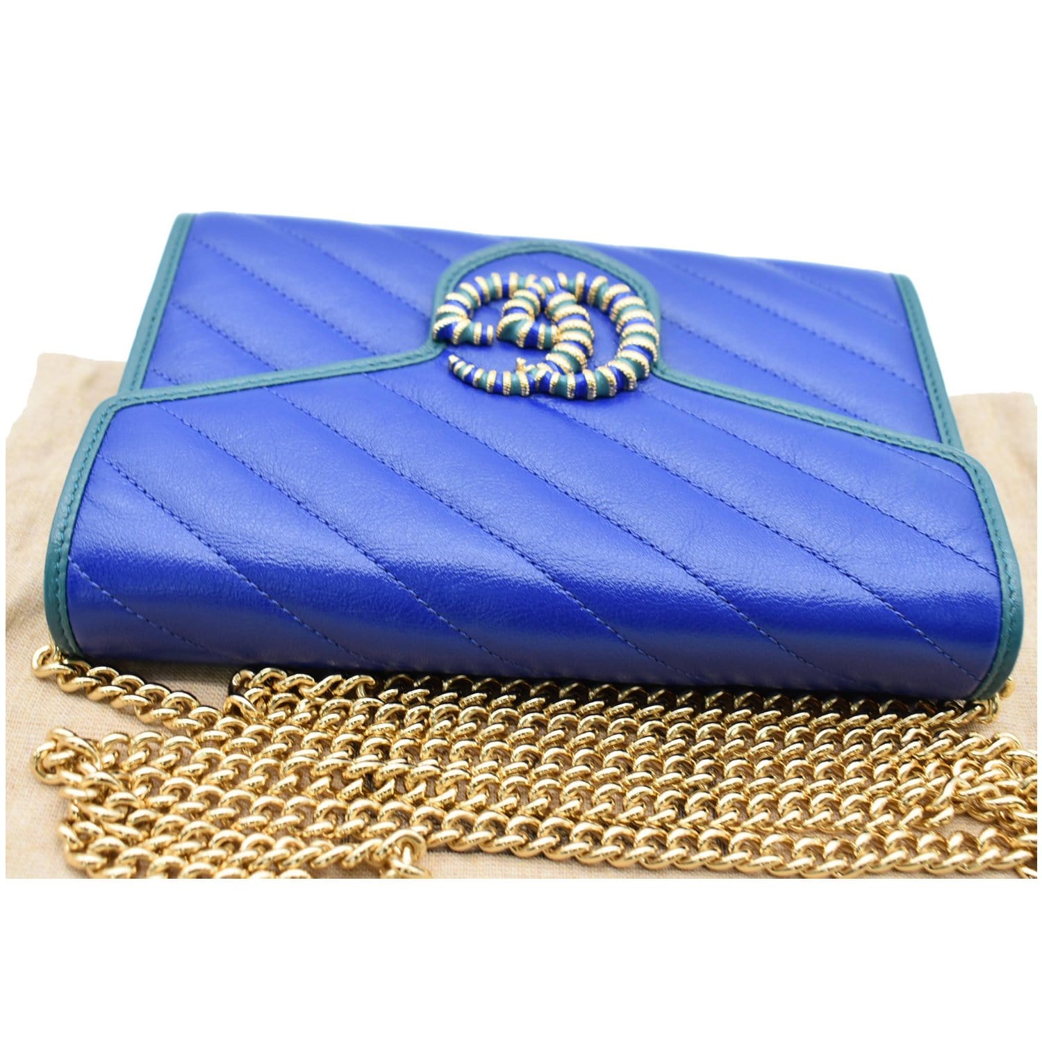 GUCCI GG Marmont Mini Matelasse Leather Chain Crossbody Bag Blue 573807