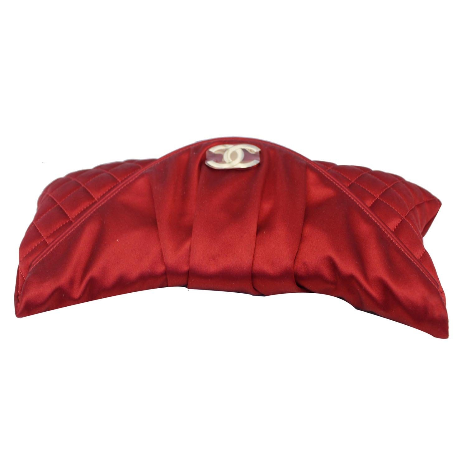 CHANEL CC Half Moon Quilted Satin Clutch Bag Red