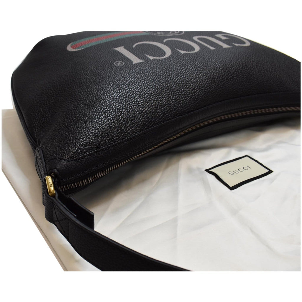 GUCCI Half Moon Logo Calfskin Leather Hobo Shoulder Bag Black 523588