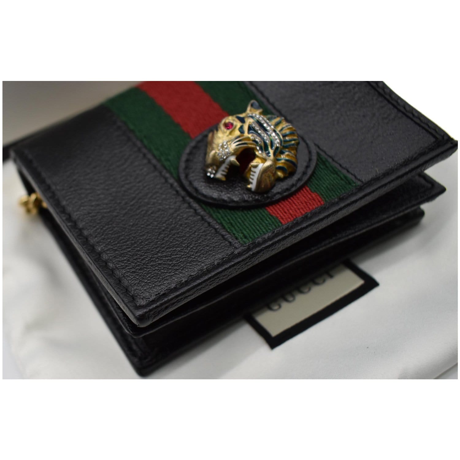 GUCCI Rajah Web Leather  Case Chain Wallet Black 573790