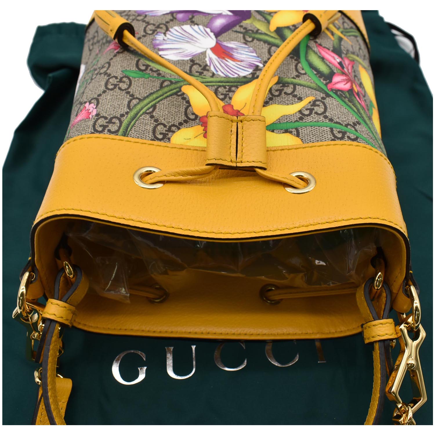 GUCCI Ophidia Flora Small GG Canvas Bucket Bag Yellow 550621