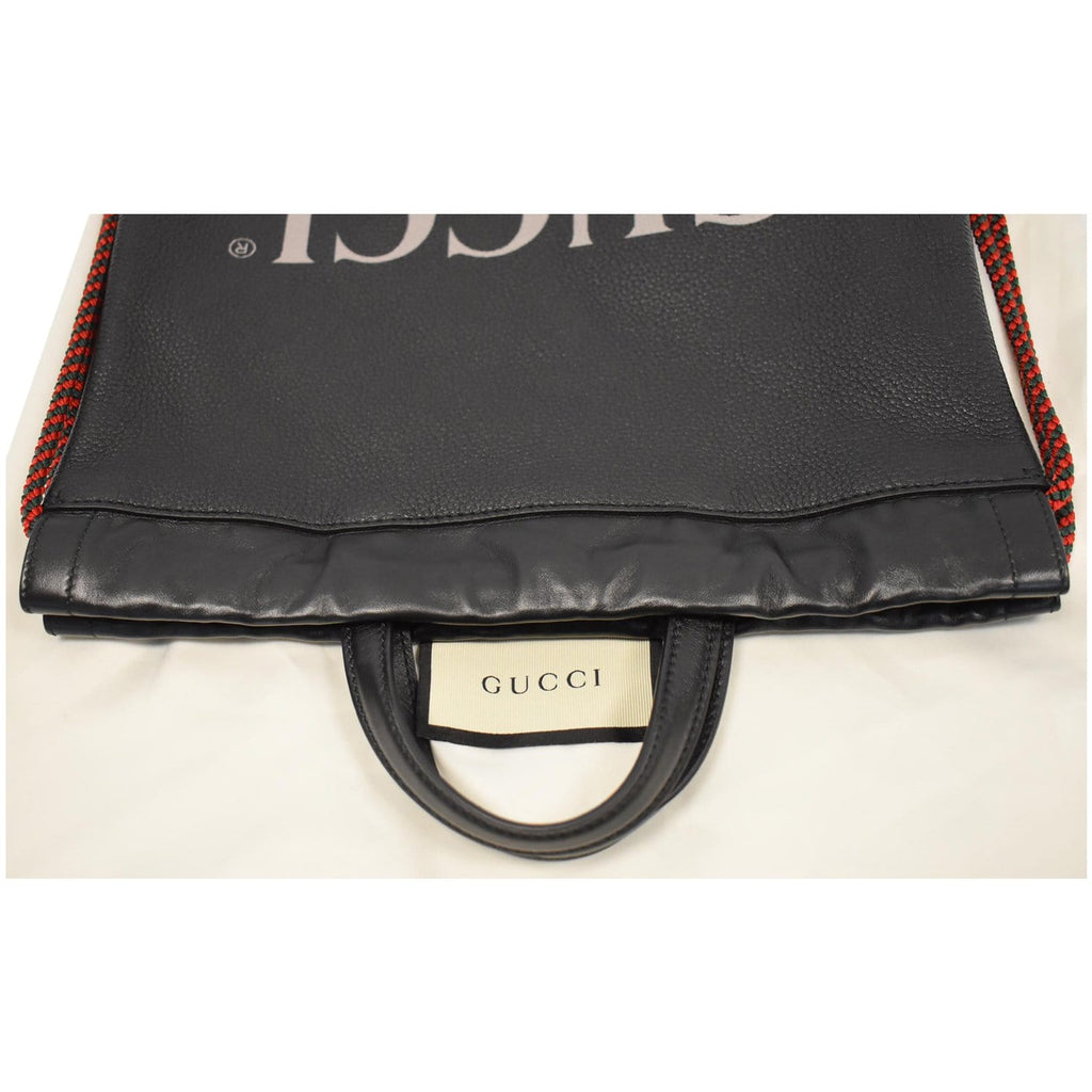 GUCCI Logo Print Calfskin Leather Drawstring Backpack Bag Black 523586