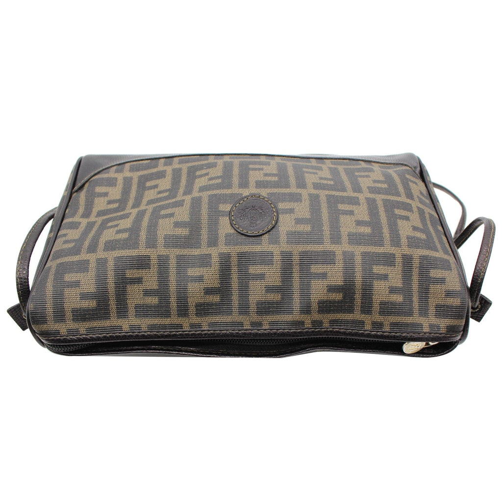 FENDI Roma Coated Canvas Leather Crossbody Bag Brown