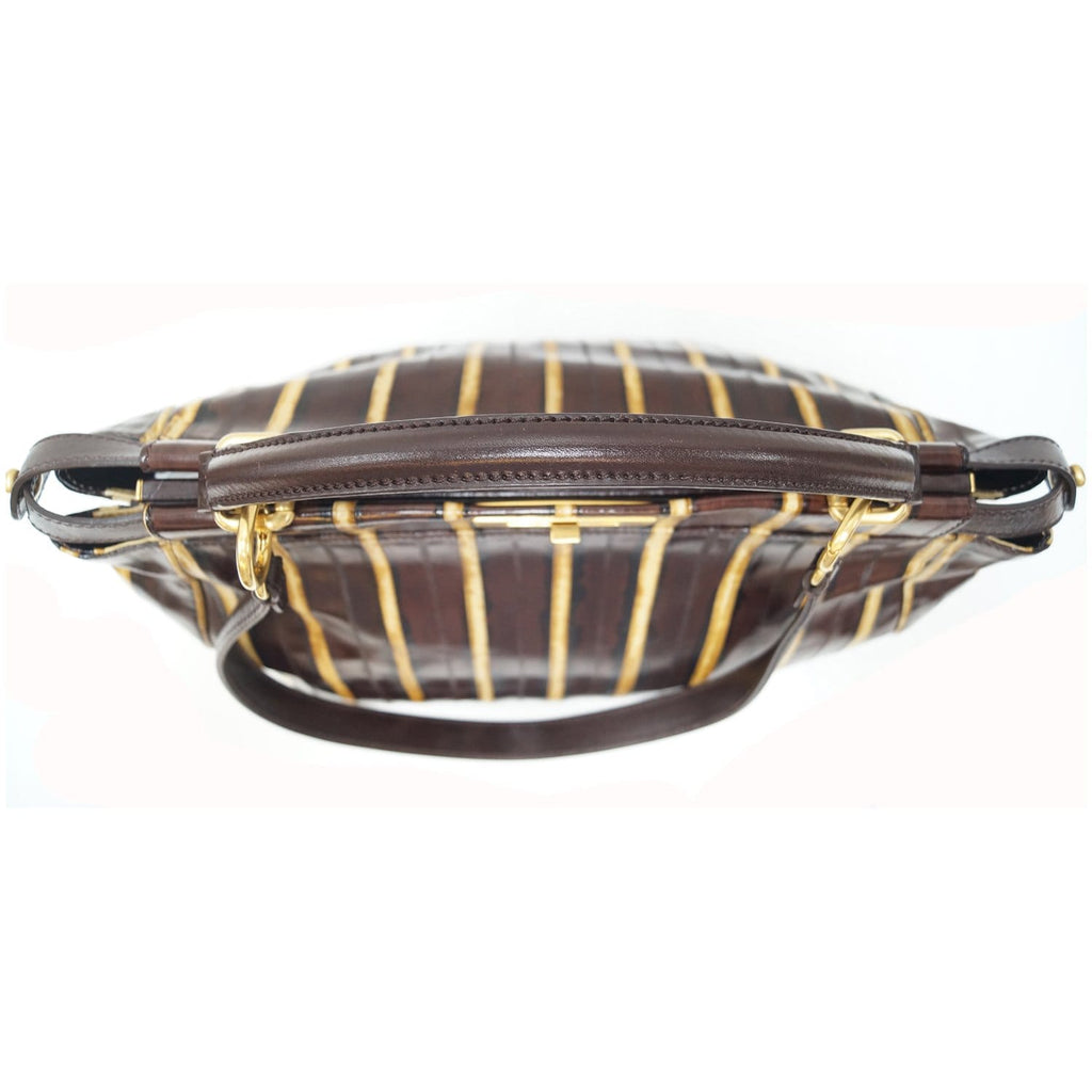 FENDI Peekaboo Striped Eel Skin Leather Shoulder Bag Brown