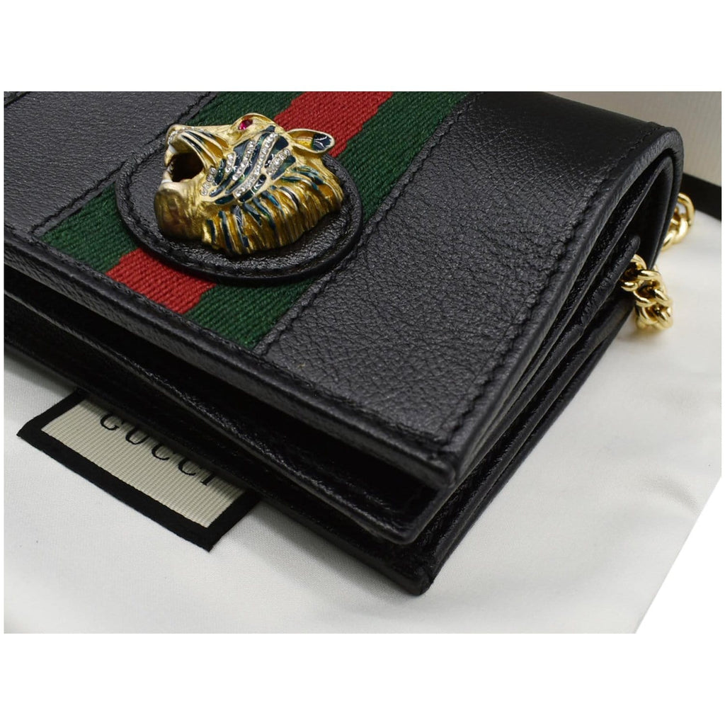 GUCCI Rajah Web Leather  Case Chain Wallet Black 573790
