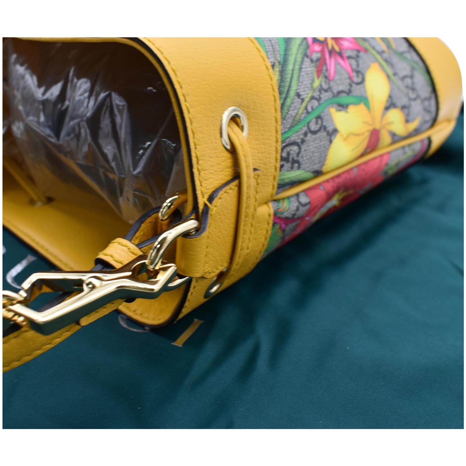 GUCCI Ophidia Flora Small GG Canvas Bucket Bag Yellow 550621