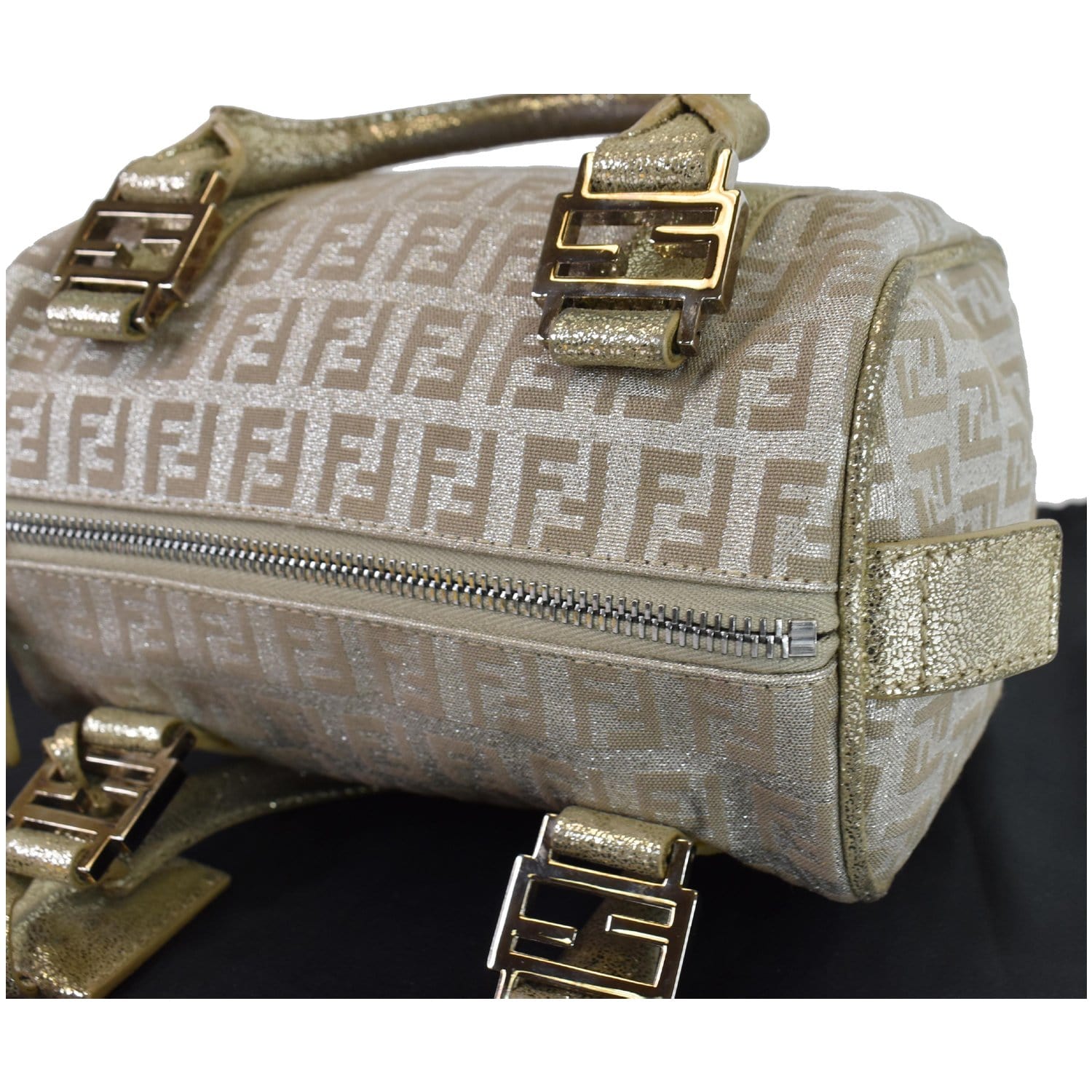 FENDI Selleria Zucca Canvas Leather Boston Bag Gold