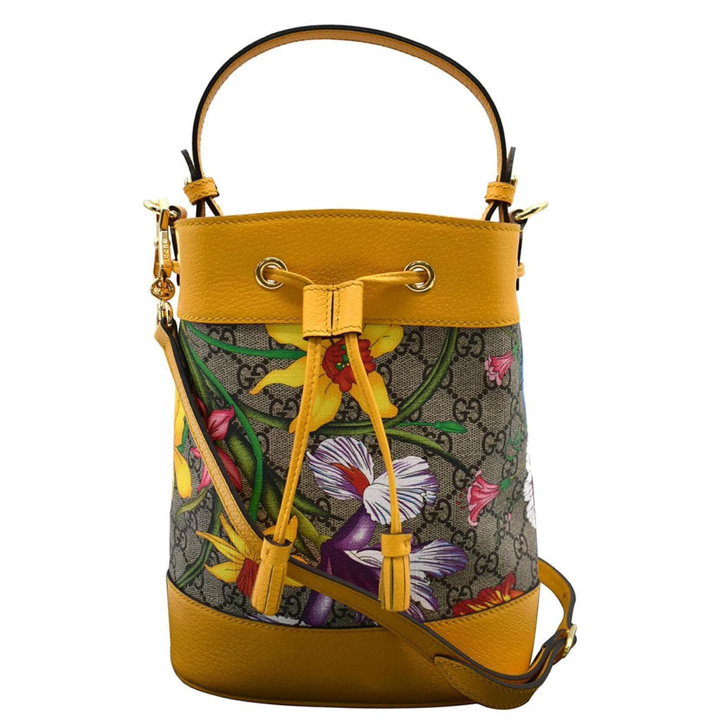 GUCCI Ophidia Flora Small GG Canvas Bucket Bag Yellow 550621
