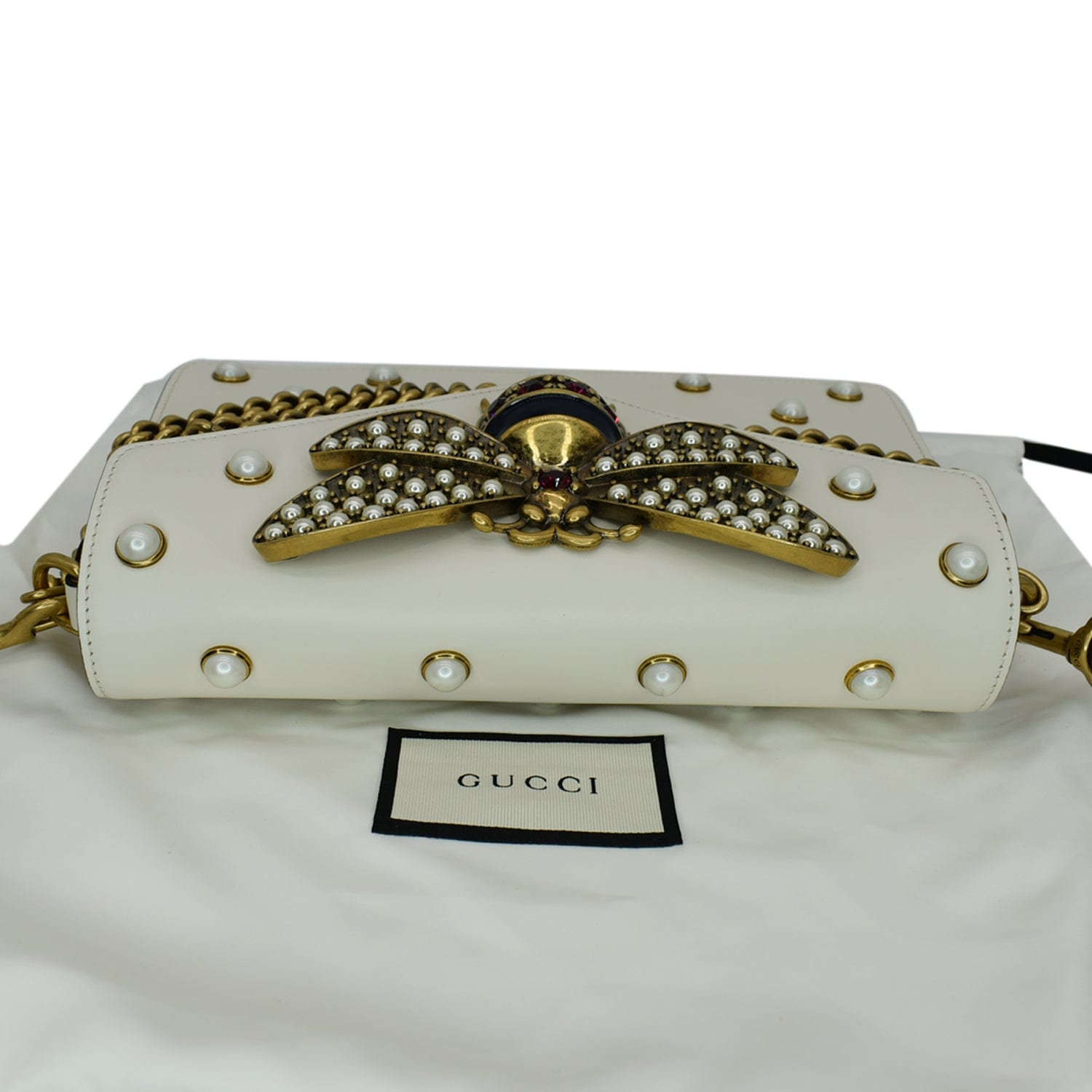 GUCCI Broadway Pearl Bee Leather Crossbody Bag White 453778