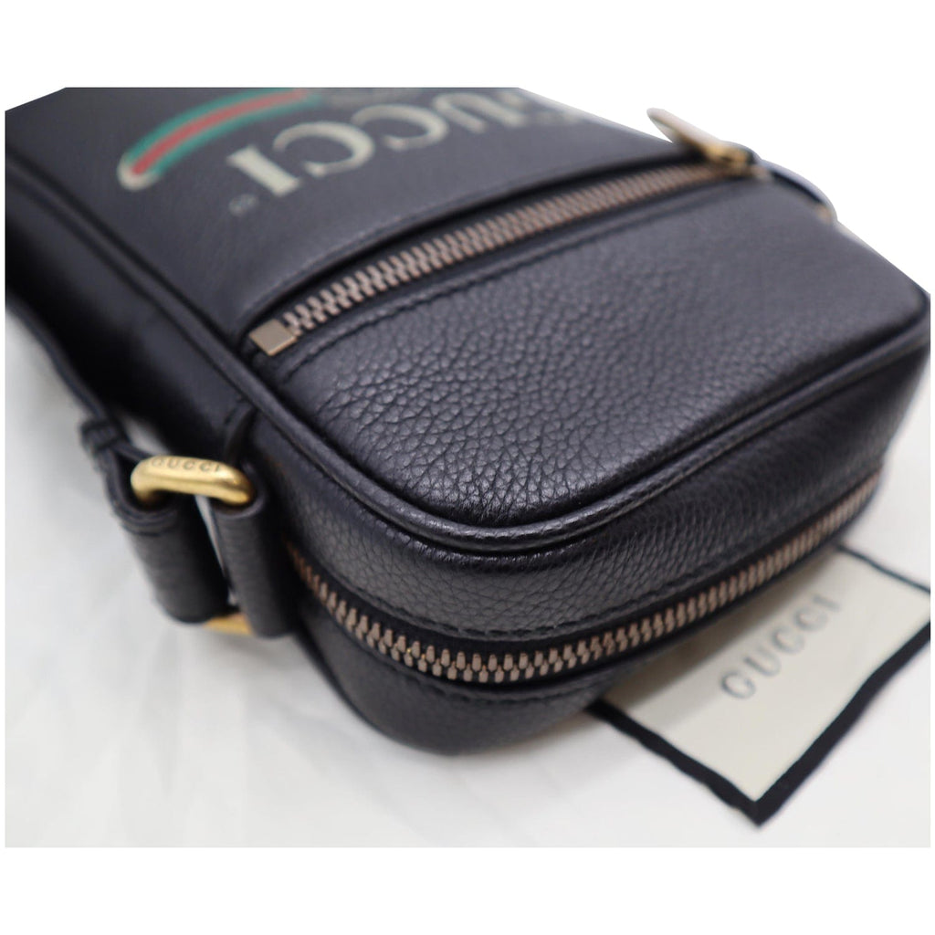 GUCCI Logo Grained Calfskin Leather Messenger Bag Black 574803
