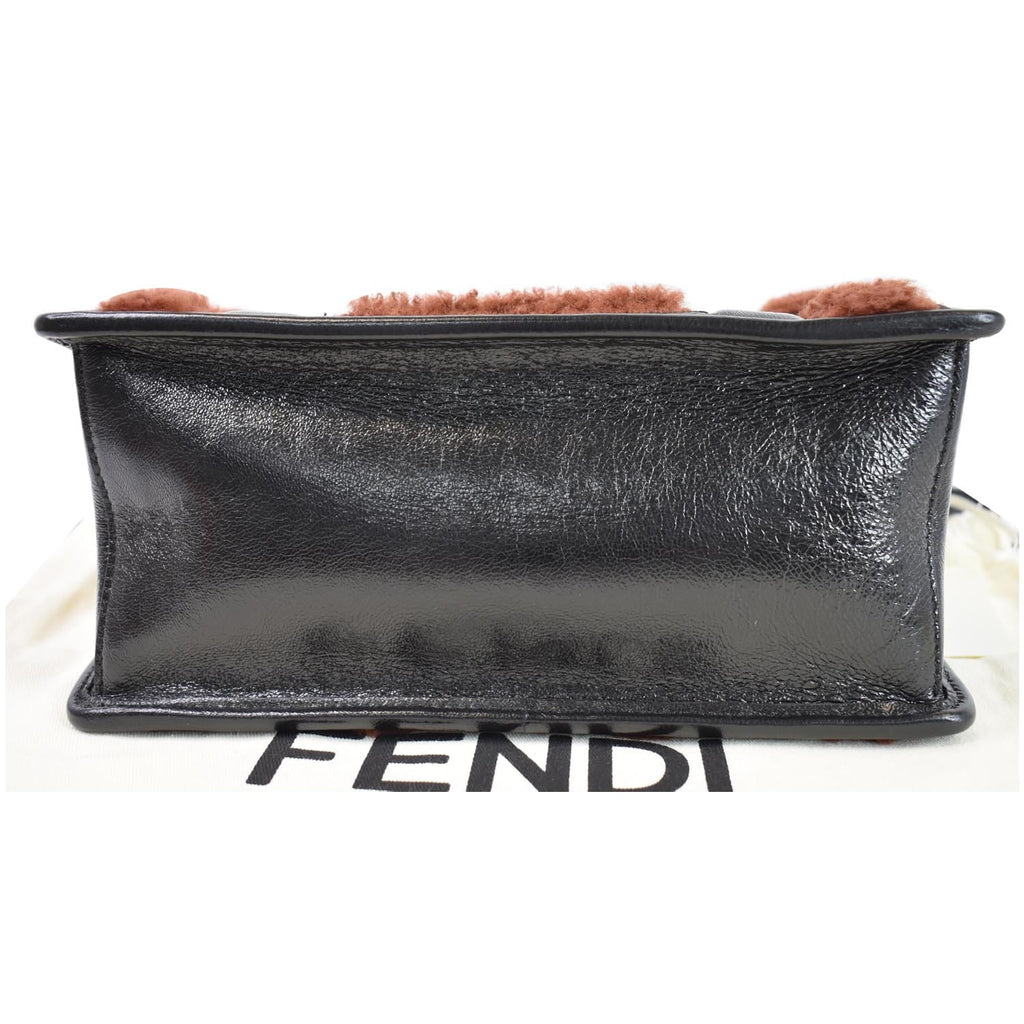 FENDI Kan U Medium Shearling Patent Leather Shoulder Bag Brown