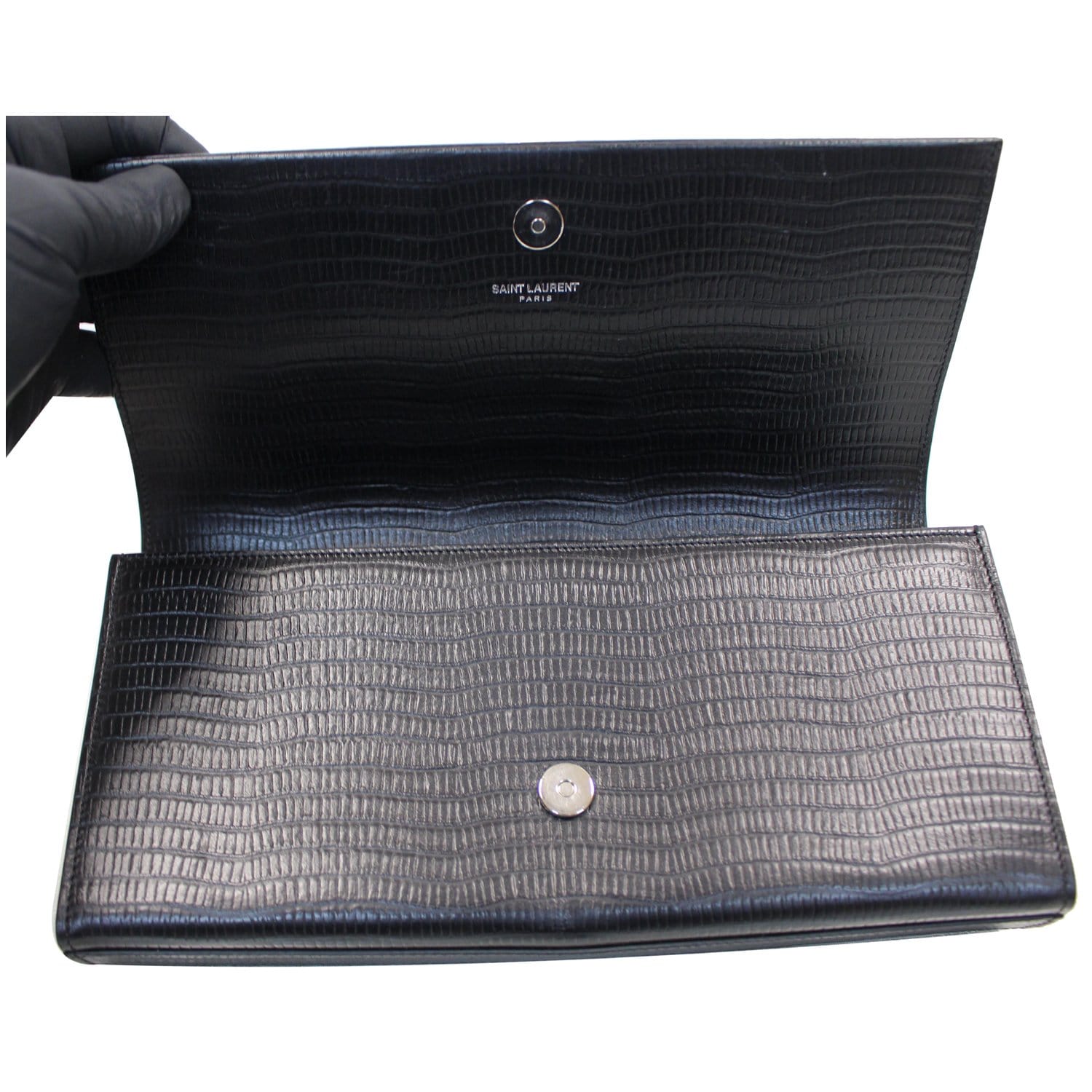 YVES SAINT LAURENT Classic Kate Monogram Tassel Embossed Leather Clutch Black