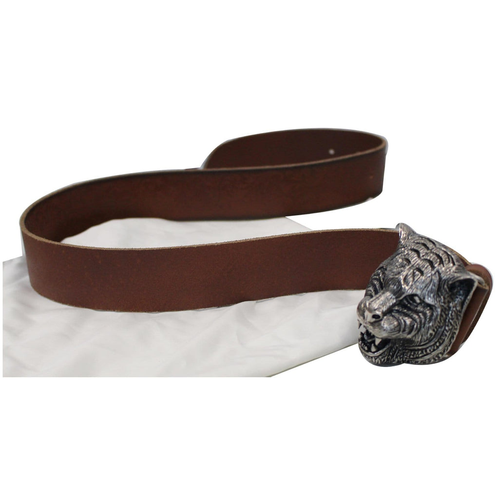 GUCCI Feline Buckle Calfskin Leather Belt Brown Size 75.30 - Last Call