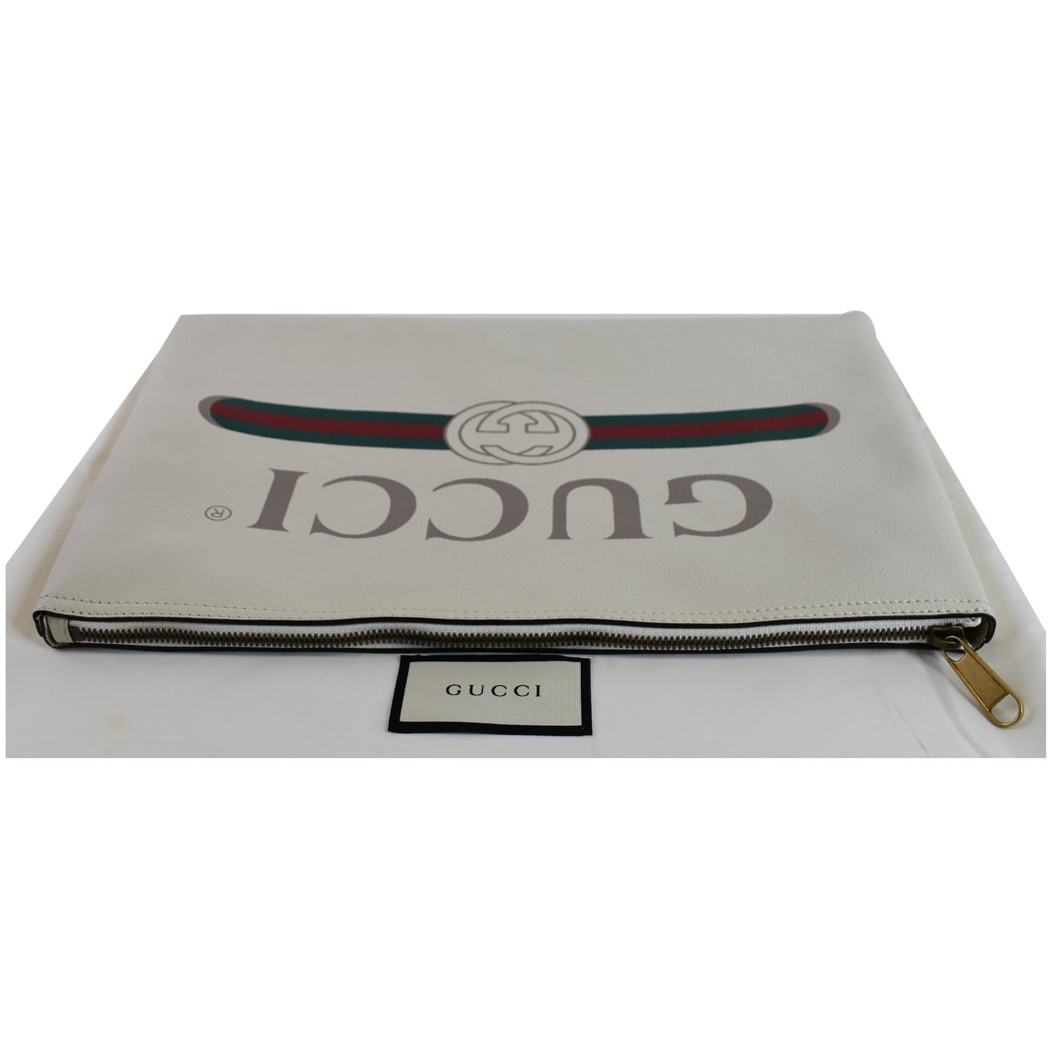 GUCCI Pebbled Leather Medium Logo Portfolio Clutch White 500984 - Last Call