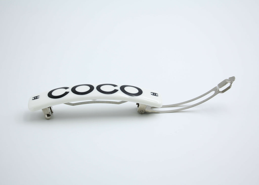 Chanel Vintage 01P Resin Coco Logo White Hairpin