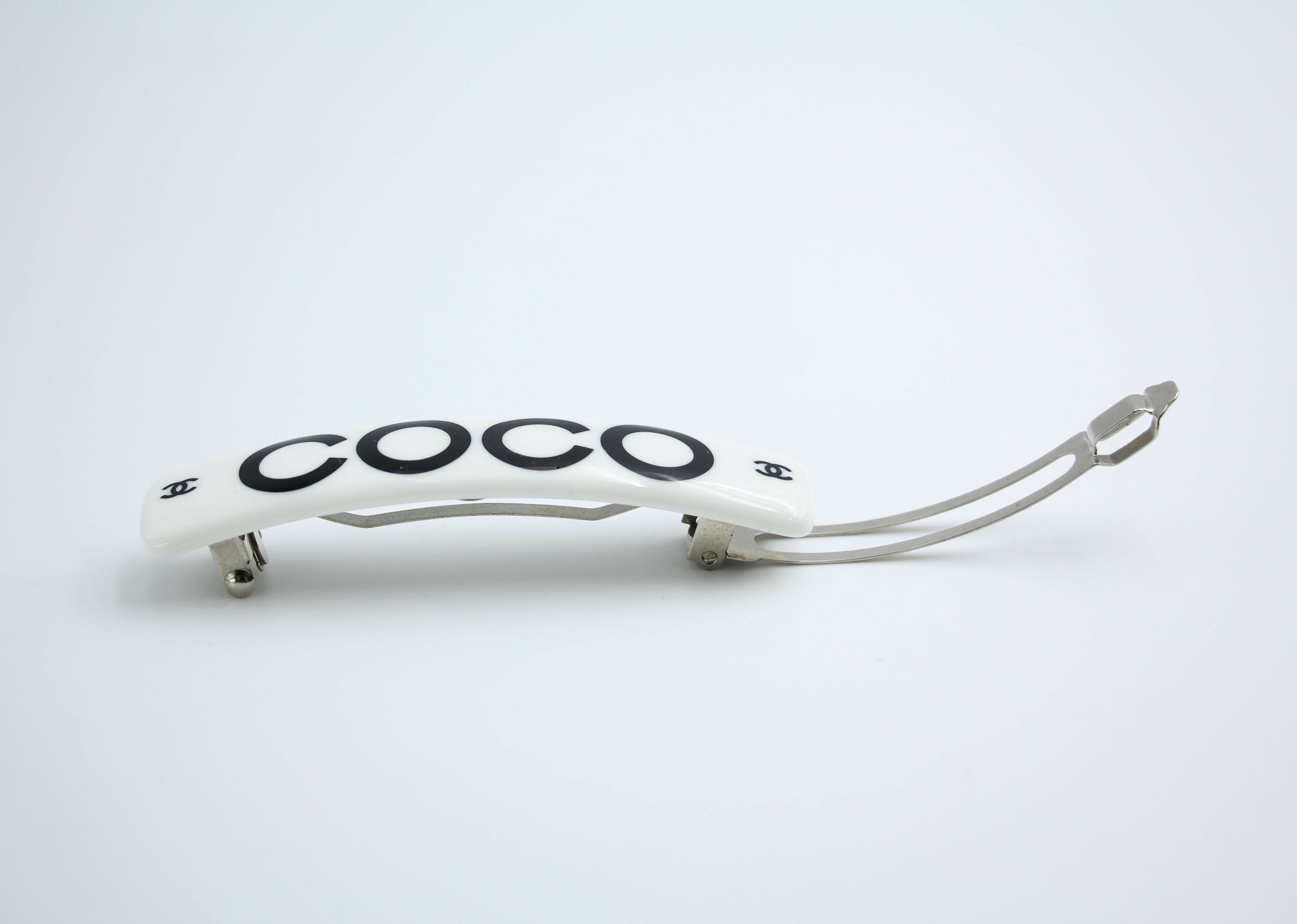 Chanel Vintage 01P Resin Coco Logo White Hairpin