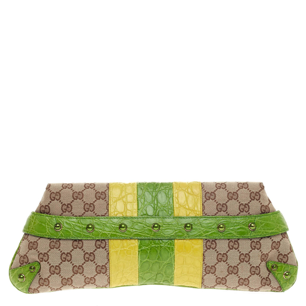Jeweled Snake Head Horsebit Chain Strap Clutch GG Canvas and Alligator