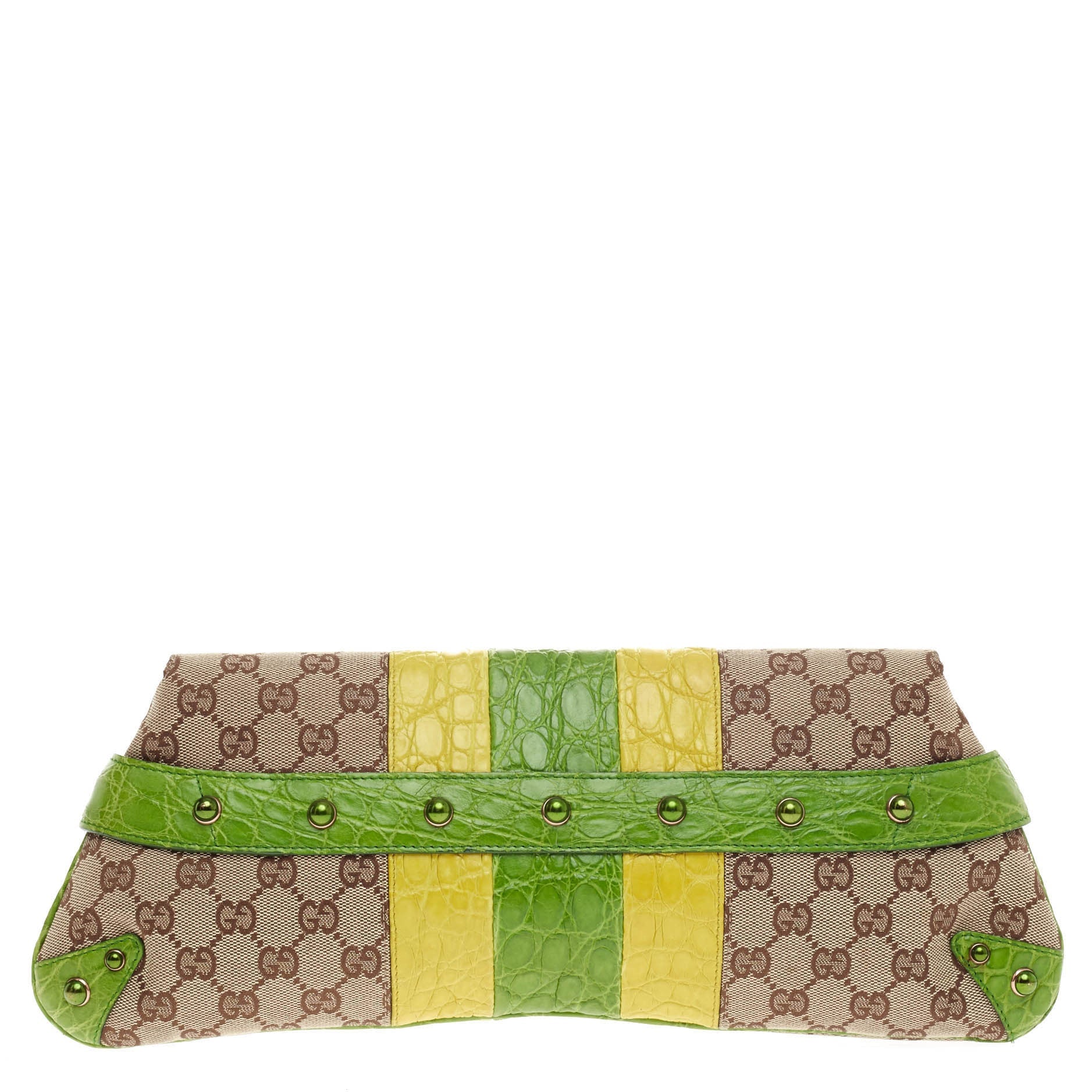 Jeweled Snake Head Horsebit Chain Strap Clutch GG Canvas and Alligator