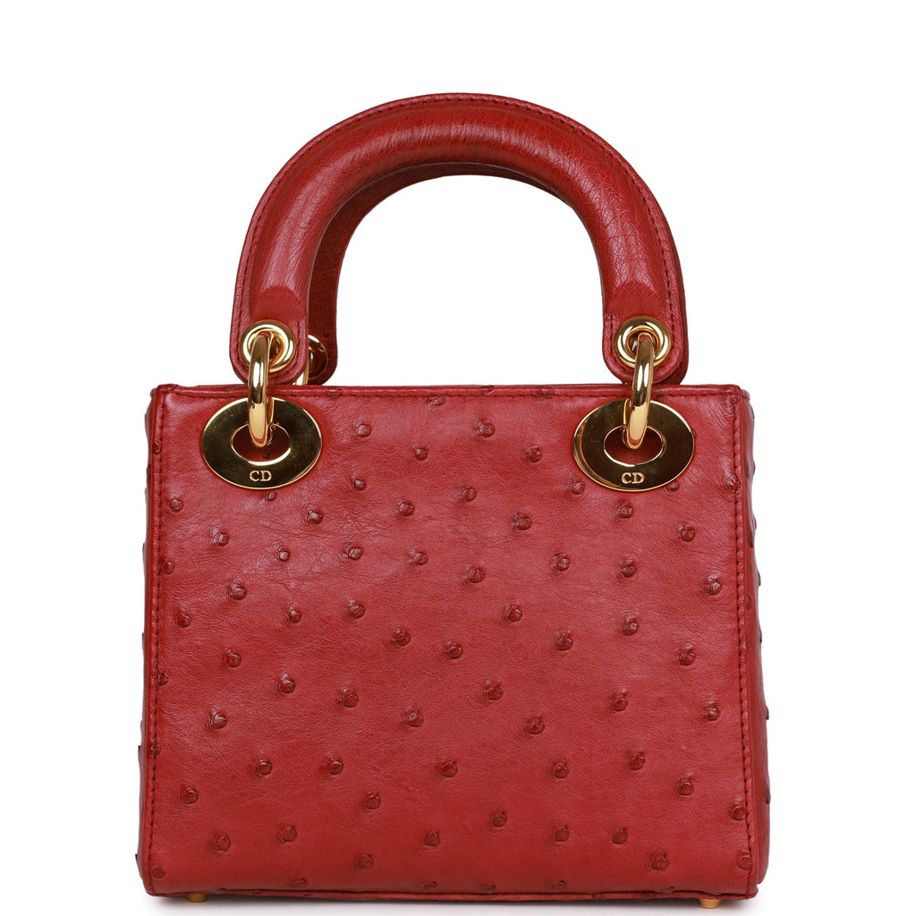Christian Dior Mini Lady Bag Burgundy Ostrich Gold Hardware
