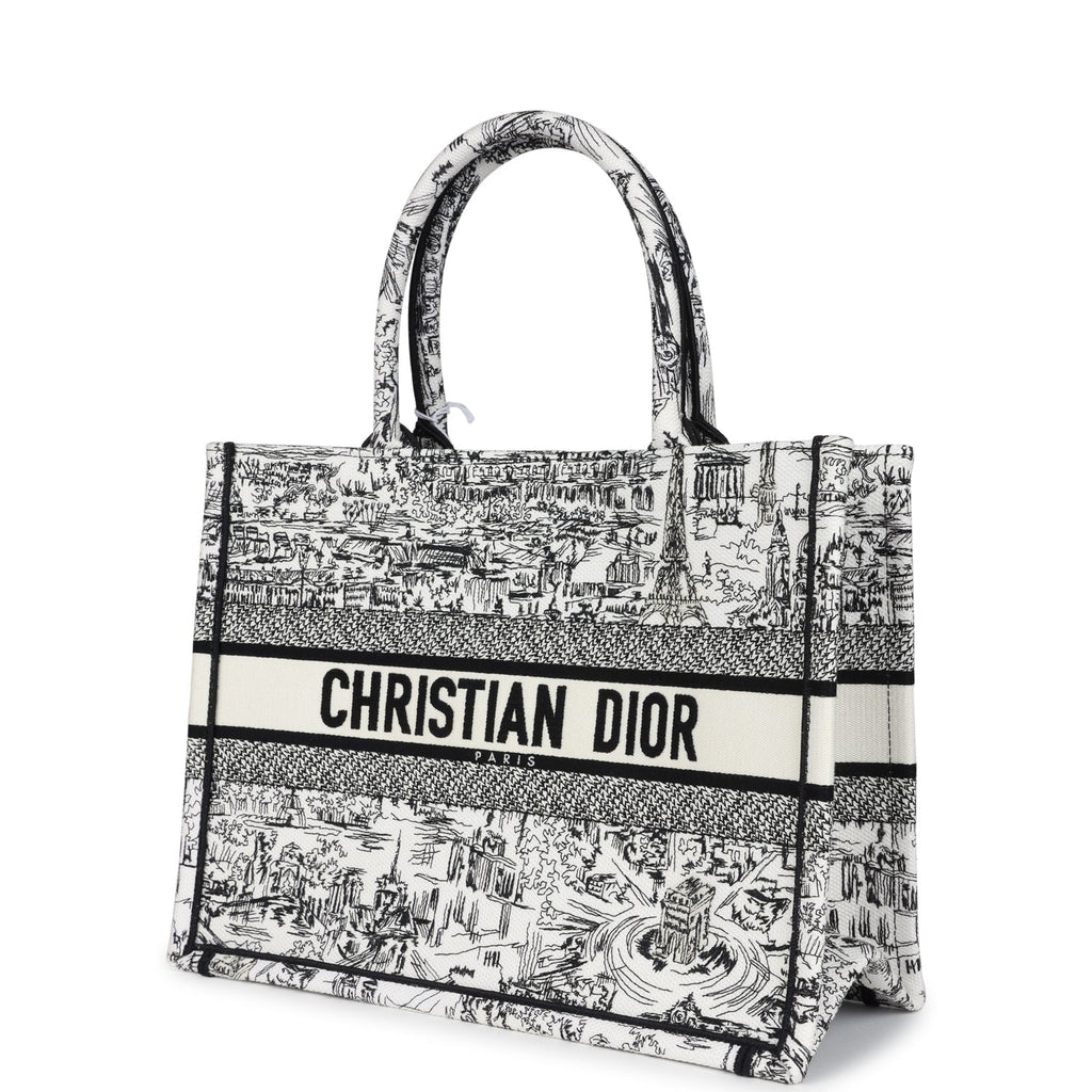 Christian Dior "Paris All Over" Book Tote Medium White and Black Embroidered Canvas