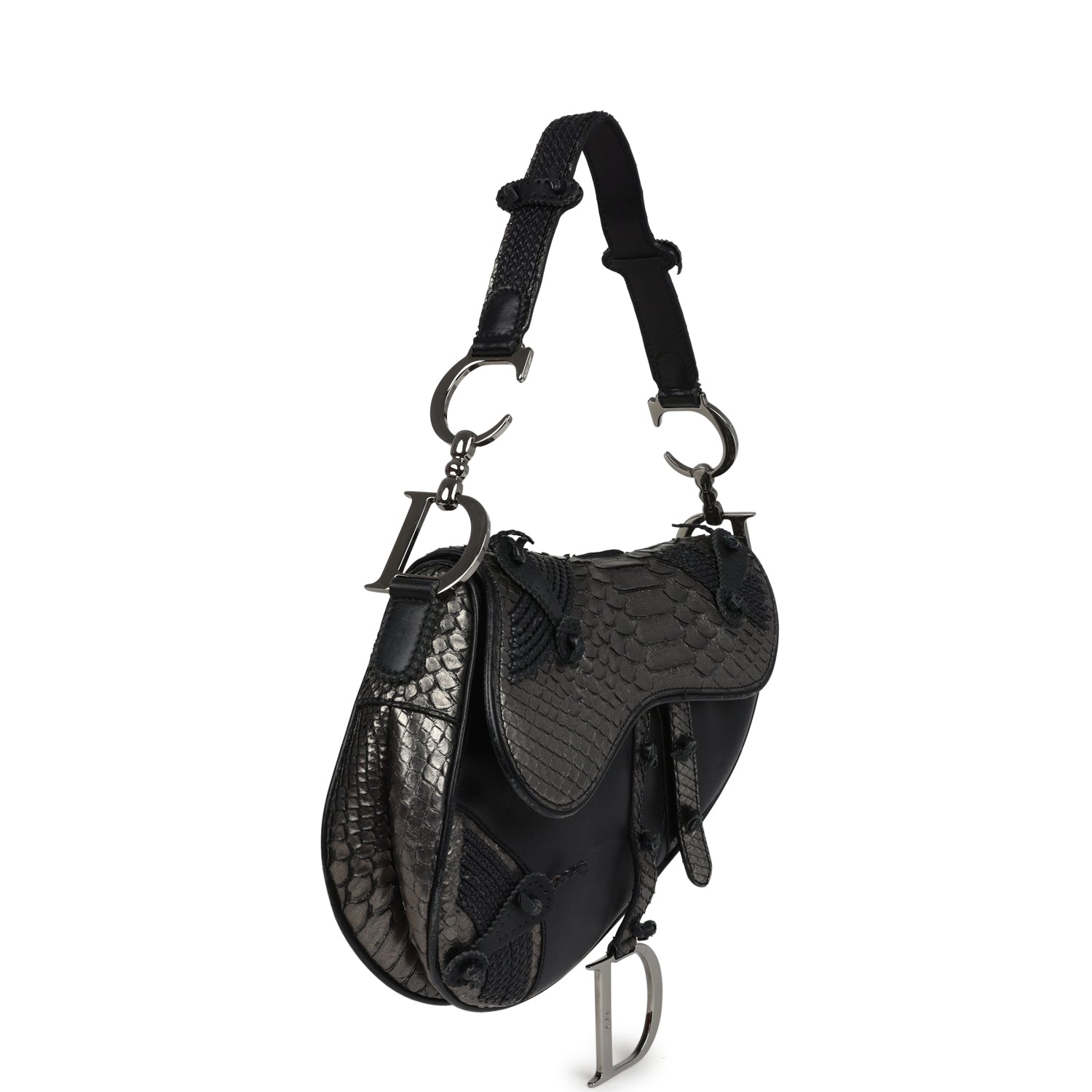 Vintage Christian Dior Saddle Bag Gunmetal Python and Black Leather Silver Hardware
