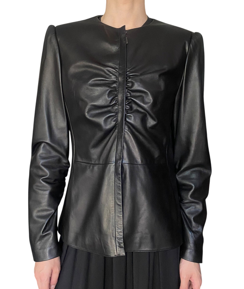 Armani Black Rouched Leather Jacket - US 12
