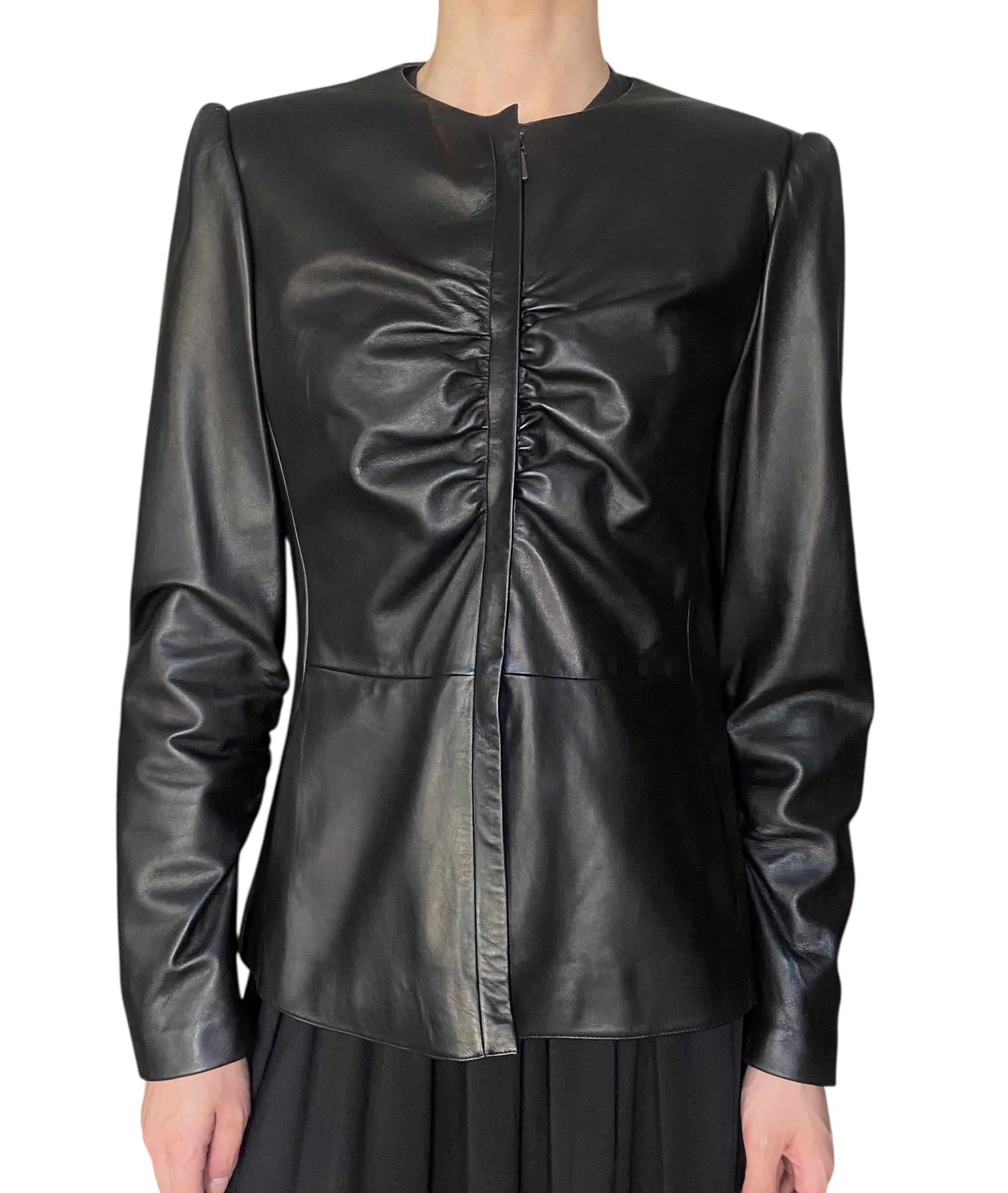 Armani Black Rouched Leather Jacket - US 12