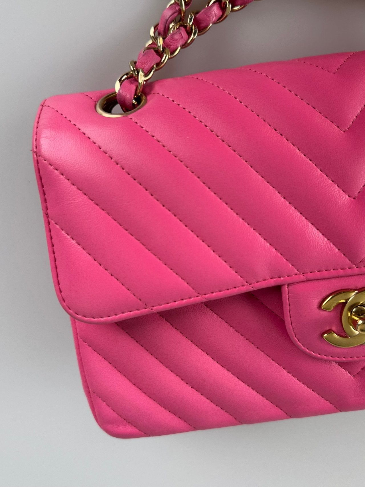 Chanel Small Pink Classic Double Flap Bag in Chevron Lambskin Leather with Gold Hardware