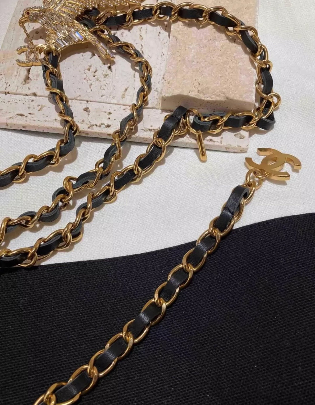 Vintage CHANEL Jeweled Eagle Chain Leather Necklace Belt
