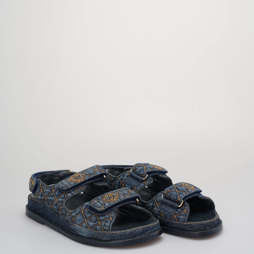 Chanel Denim Velcro Dad Sandals Navy Blue Size 38