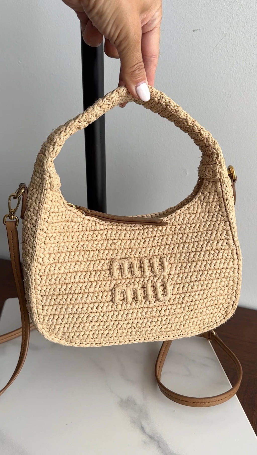 Miu Miu Wander Natural Raffia Crochet Crossbody Bag