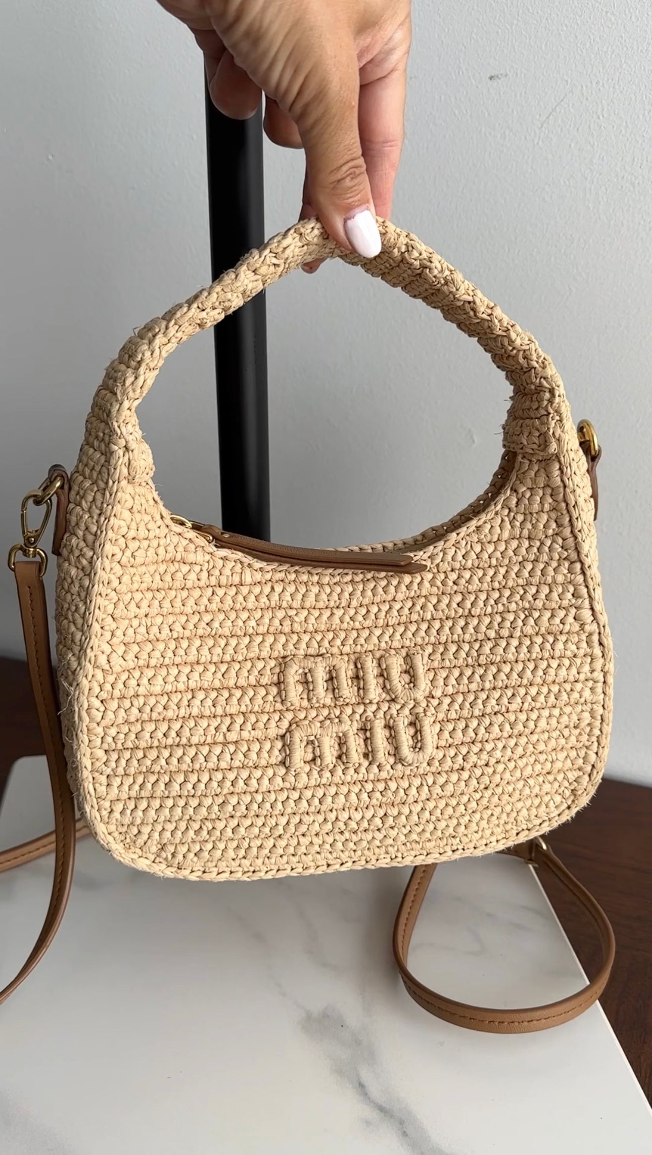 Miu Miu Wander Natural Raffia Crochet Crossbody Bag